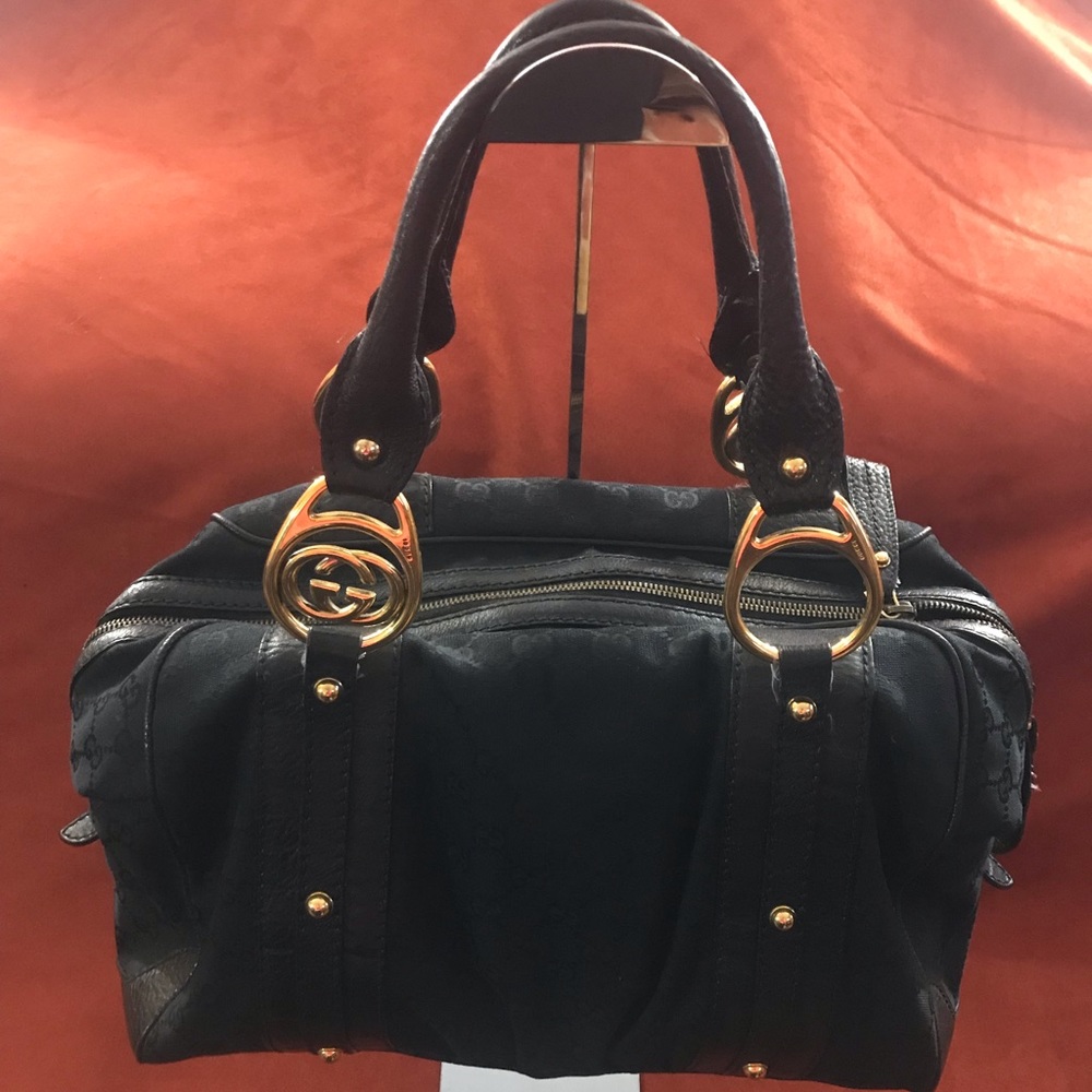 Gucci GG Monogram Black Canvas Boston Satchel Bag